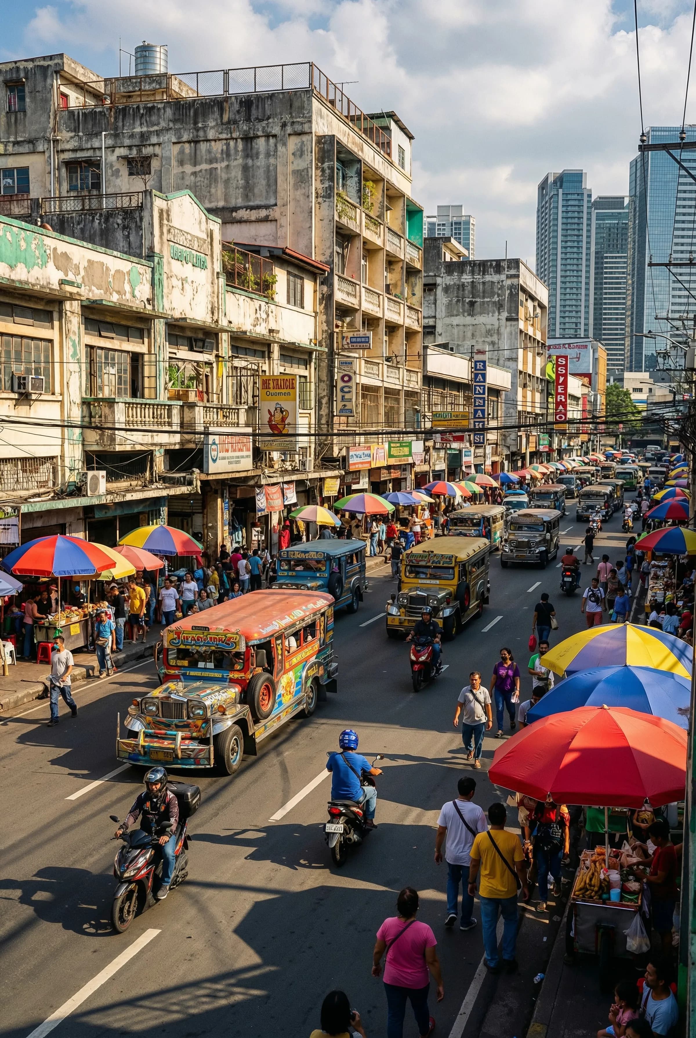 Belebte Strasse mit Jeepneys in Manila